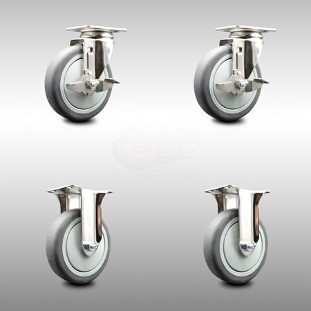 Service Caster 5 Inch 316SS Thermoplastic Rubber Swivel Top Plate Caster Brake 2 Rigid, 2PK SCC-SS31620S514-TPRB-TLB-2-R-2